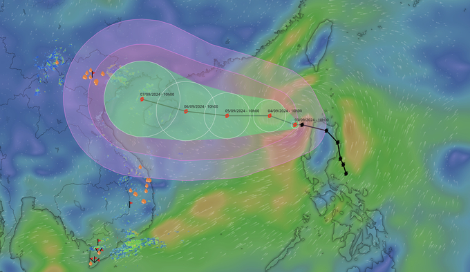 Sáng 3/9, bão Yagi đi vào vùng biển phía Đông Bắc của khu vực Bắc Biển Đông, trở thành cơn bão số 3 trong năm 2024. Ảnh: Hệ thống giám sát thiên tai Việt Nam.