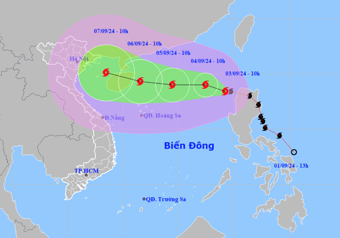 Dự kiến đường đi bão số 3. Ảnh: NCHMF.