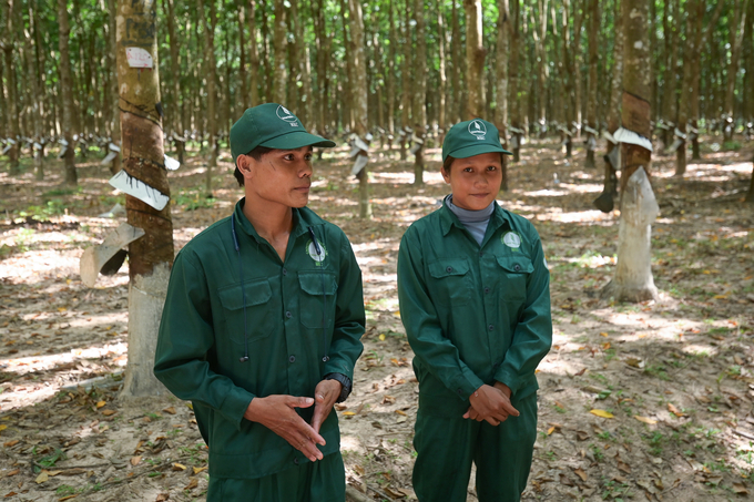 Seng Mea Kara (right) is the top rubber tapper of the company for 2024, alongside Chhoun Choeun (left). Photo: Tung Dinh.