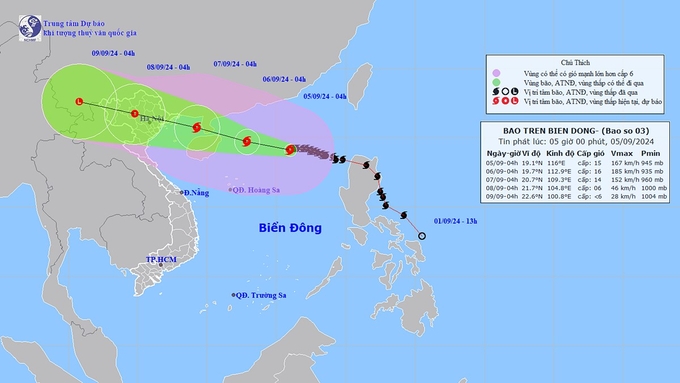Dự báo hướng di chuyển của bão số 3. Ảnh: TT KTTV Quốc gia