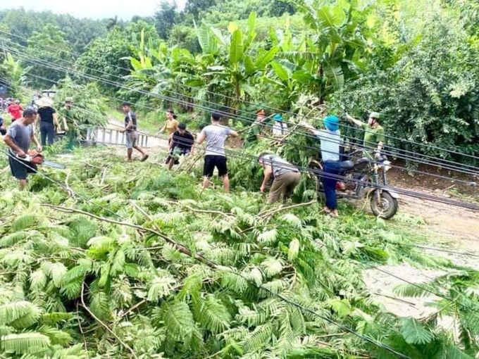 Người dân tập trung dọn dẹp cây xanh đổ vào đường dây điện tại tỉnh Yên Bái. Ảnh: Thanh Tiến.