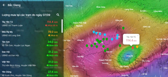 Bản đồ phân bố mưa địa bàn các huyện tại Bắc Giang. Ảnh: NHCMF.