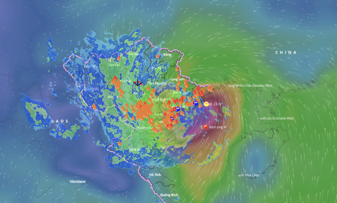 Bão Yagi (bão số 3) đổ bộ miền Bắc chiều 7/9. Ảnh: Hệ thống giám sát thiên tai Việt Nam.