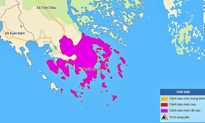 Mức cảnh báo rất cao được Trung tâm Dự báo khí tượng thủy văn Quốc gia đưa ra với khu vực trung tâm thị trấn Cát Bà. Ảnh: NHCMF.