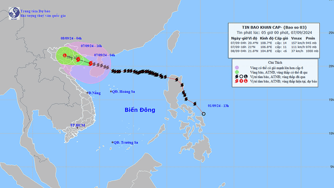 Dự báo hướng di chuyển của cơn bão số 3 (Yagi). Ảnh: TT KTTV Quốc gia