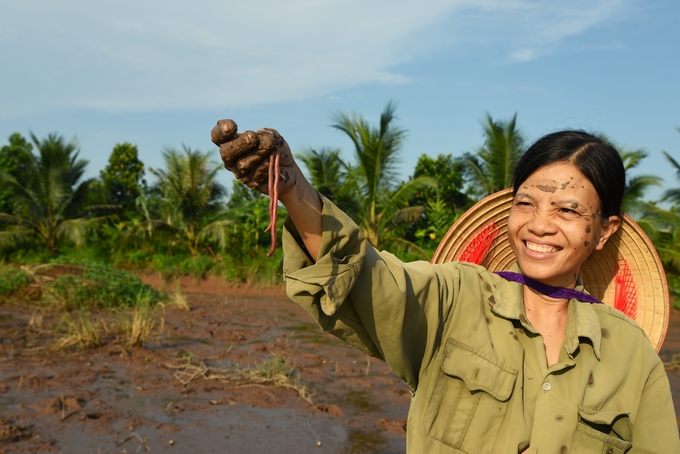 Chị Hường xắn đất kiểm tra rươi. Ảnh: Dương Đình Tường.