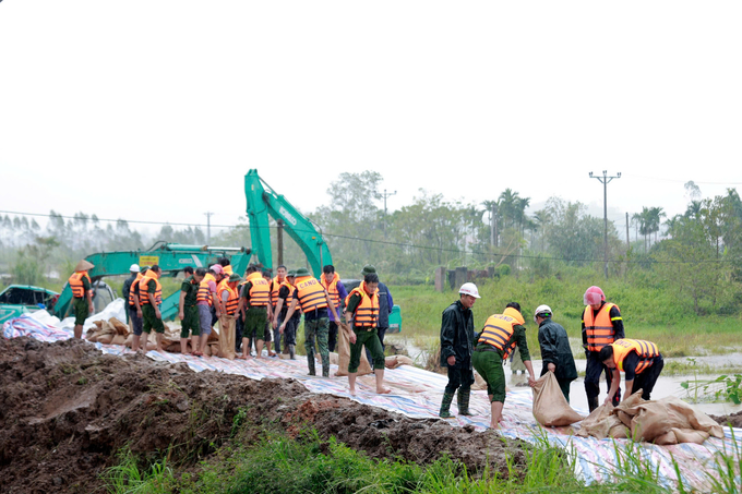 Hiện các khu vực đê yếu, lực lượng chức năng thị xã Đông Triều cùng người dân đang tập trung gia cố, sử dụng bao cát, rọ đá ngăn nước.