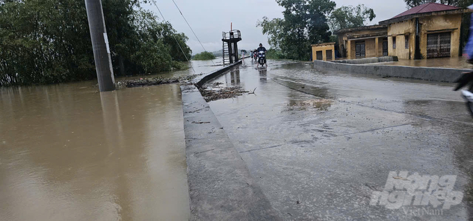 Tại khu vực xã Gia Hưng (huyện Nho Quan, Ninh Bình), nước sông dâng cao mấp mé đường. Ảnh: Quốc Toản.