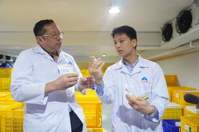 Mr. Nguyen Van Diep, CEO of AVAC Vietnam Joint Stock Company (on the right), introduces the ASF vaccine produced by AVAC to Mr. Engr. Rosendo O. So, President of SINAG - a prestigious agricultural group in the Philippines. Photo: Hong Tham.