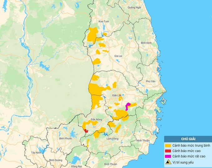 Bản đồ nguy cơ lũ quét, sạt lở đất đá tại Tây Nguyên. Ảnh: TT KTTV Quốc gia