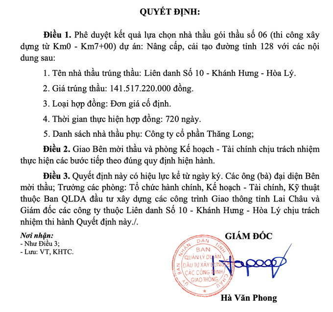 Quyết định số 56/QĐ-BQLDA ngày 29/5/2024 phê duyệt kết quả LCNT Gói thầu số 06 (Thi công xây dựng từ Km0 - Km7+00) thuộc Dự án Nâng cấp, cải tạo Đường tỉnh 128.