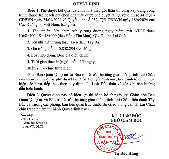 Quyết định số 294/QĐ-SGTVT ngày 12/8/2024 phê duyệt kết quả lựa chọn nhà thầu gói thầu Km8+700 - Km18+000 (đèo Hồng Thu Mán), QL4D, tỉnh Lai Châu.