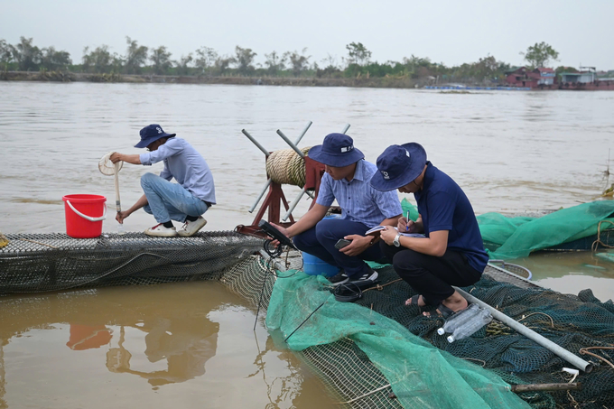 Cán bộ ngành thủy sản tiến hành lấy mẫu nước trên sông Kinh Thầy để phân tích. Ảnh: Tùng Đinh.