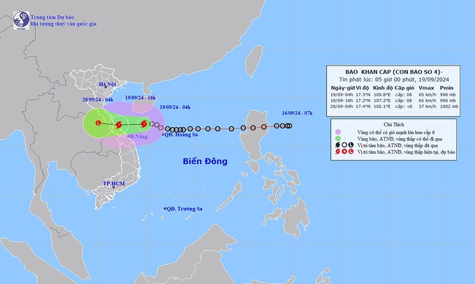 Dự báo hướng di chuyển của cơn bão số 4 năm 2024. Ảnh: TT KTTV Quốc gia