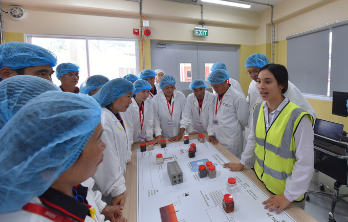 NESCAFÉ Plan farmers listening to a presentation by an engineer at the Nestlé Tri An Factory. Photo: NVL.