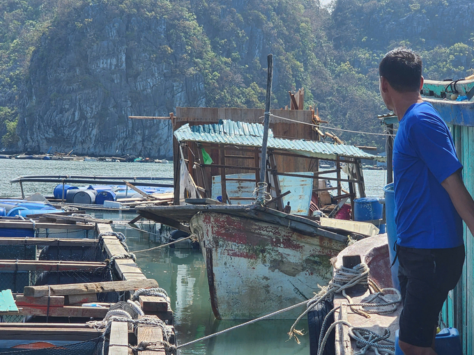 Anh Trần Văn Chương bị bão đánh trôi các lồng bè, chỉ còn sót lại căn chòi trông cá đã tan nát. Ảnh: Vũ Cường.