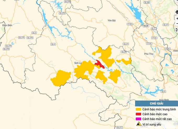 Bản đồ nguy cơ lũ quét, sạt lở đất đá tại Sơn La. Ảnh: TT KTTV Quốc gia