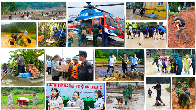 Hàng nghìn lượt cán bộ, chiến sỹ quân đội, công an, đoàn viên, thanh niên, cộng đồng dân cư từ khắp mọi miền đất nước đã hỗ trợ người dân vùng lũ. Ảnh: VGP.