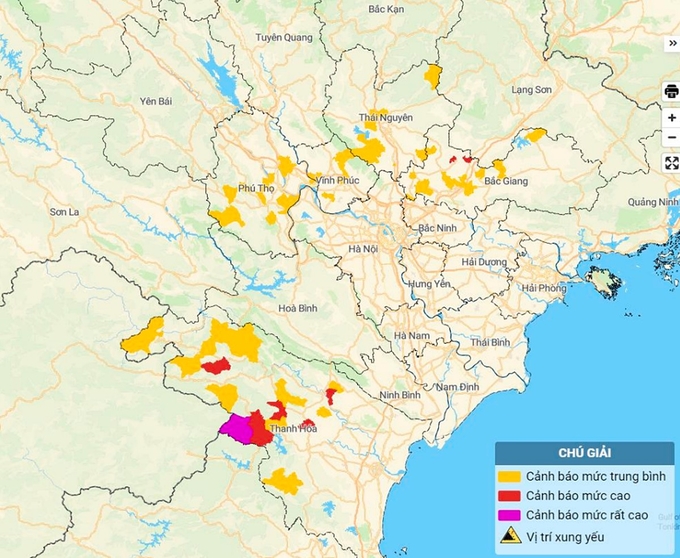 Bản đồ nguy cơ lũ quét, sạt lở đất đá tại Phú Thọ, Vĩnh Phúc, Thái Nguyên, Bắc Giang và Thanh Hóa. Ảnh: TT KTTV Quốc gia