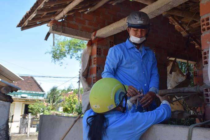 Lam Thi Hanh, a veterinary officer at Nhon Hoa ward, supports private veterinarian Nguyen Duc Lap in the lumpy skin disease vaccination campaign for the local herd of cows. Photo: V.D.T.