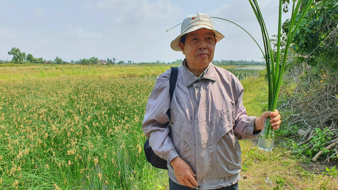 TS Dương Văn Ni, chuyên gia về đa dạng sinh học, Chủ tịch Quỹ Hỗ trợ nghiên cứu và bảo tồn ĐBSCL trong chuyến công tác thực tế tìm hiểu mô hình sinh kế thích ứng với biến đổi khí hậu. Ảnh: Kim Anh.