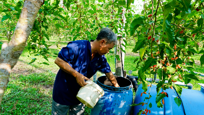 Mr. Vu utilizes waste and by-products from his garden to compost organic fertilizer. Photo: Tran Trung.