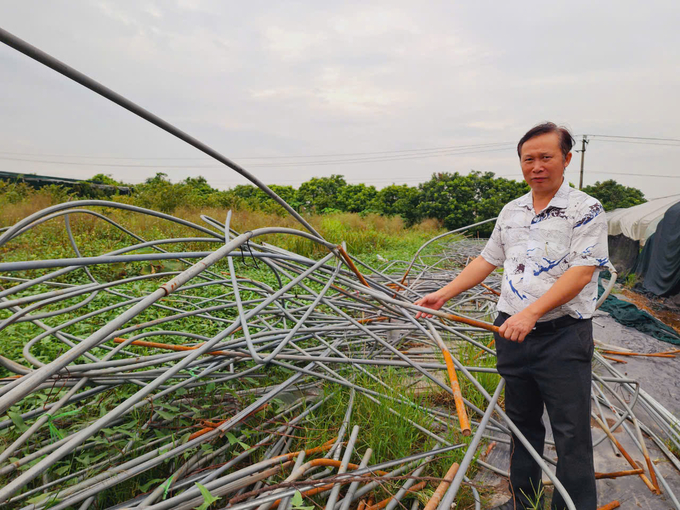 PGS.TS Đặng Văn Đông - Phó Viện trưởng Viện Nghiên cứu Rau quả bên đống đổ nát của một nhà màng dựng tạm bợ. Ảnh: Dương Đình Tường.