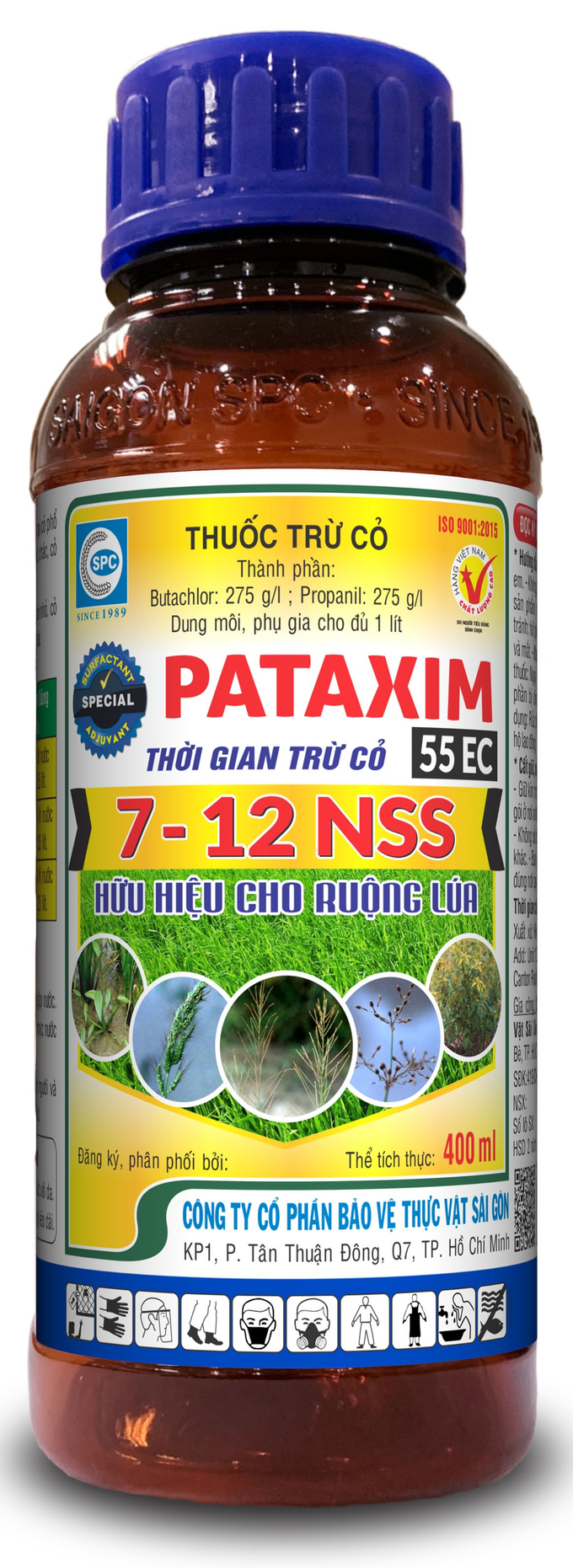 Thuốc trừ cỏ Pataxim 55EC sản phẩm chuyên diệt cỏ cho ruộng lúa rất hiệu quả của Công ty CP BVTV Sài Gòn - SPC. Ảnh: Văn Ngọt.