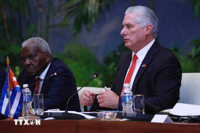 Bí thư thứ nhất Đảng Cộng sản Cuba, Chủ tịch Cuba Miguel Diaz Canel Bermudez phát biểu tại cuộc hội đàm với Tổng Bí thư, Chủ tịch nước Tô Lâm. Ảnh: TTXVN.