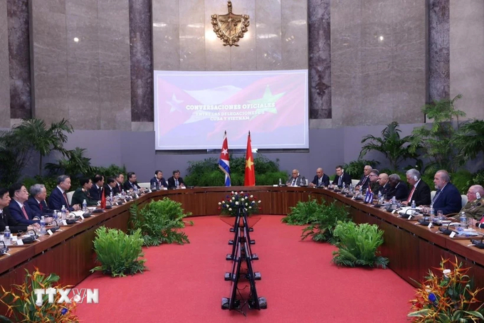 General Secretary and President To Lam held talks with the First Secretary of the Communist Party of Cuba and President of Cuba, Miguel Díaz-Canel Bermúdez. Photo: VNA.