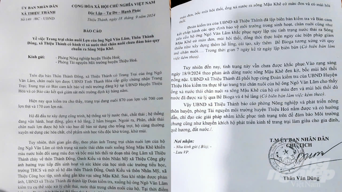 Báo cáo của UBND xã Thiệu Thành về việc trại lợn gây ô nhiễm dòng sông. Ảnh: Quốc Toản.