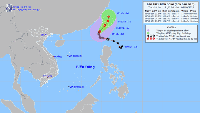 Dự báo hướng di chuyển của con bão số 5 (Krathon) trên Biển Đông. Ảnh: TT KTTV Quốc gia
