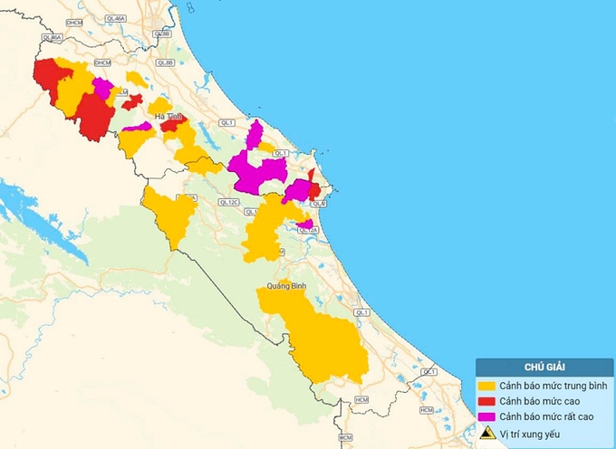 Bản đồ nguy cơ lũ quét, sạt lở đất đá tại Hà Tĩnh và Quảng Bình. Ảnh: TT KTTV Quốc gia