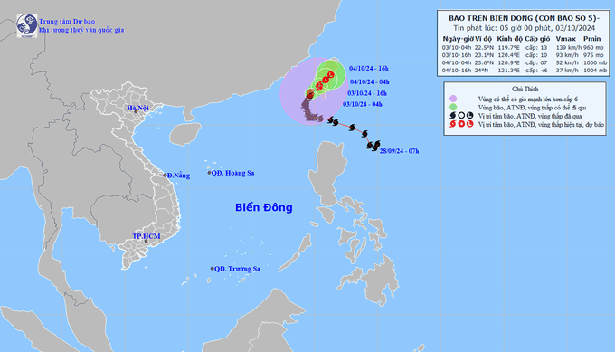Dự báo hướng di chuyển của cơn bão số 5. Ảnh: TT KTTV Quốc gia
