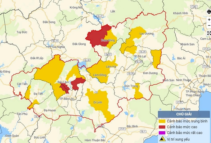 Bản đồ nguy cơ lũ quét, sạt lở đất đá tại Lâm Đồng. Ảnh: TT KTTV Quốc gia