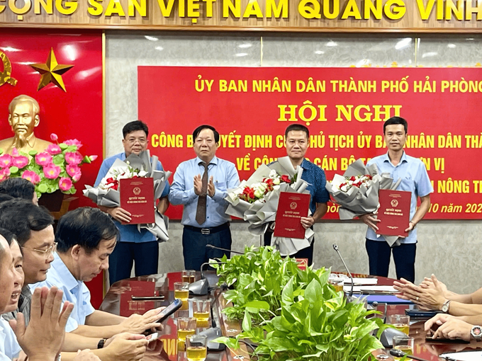 Ông Nguyễn Đức Thọ - Phó Chủ tịch UBND thành phố Hải Phòng (thứ 2 từ trái sang), trao quyết định và tặng hoa chúc mừng các cá nhân vừa được giao nhiệm vụ mới. Ảnh: CTV.