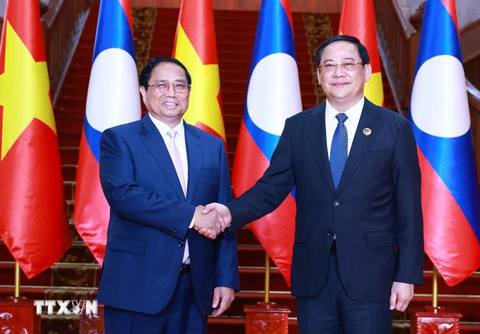 Thủ tướng Phạm Minh Chính hội kiến Thủ tướng Lào Sonexay Siphandone, Chủ tịch ASEAN 2024. Ảnh: TTXVN.