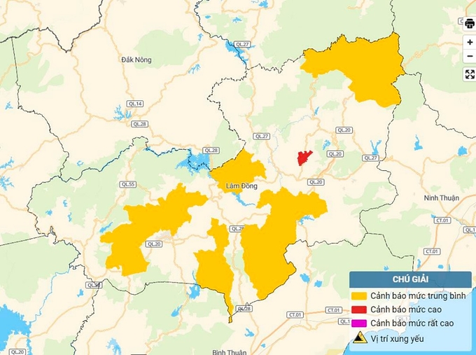 Bản đồ nguy cơ lũ quét, sạt lở đất đá tại Lâm Đồng. Ảnh: TT KTTV Quốc gia