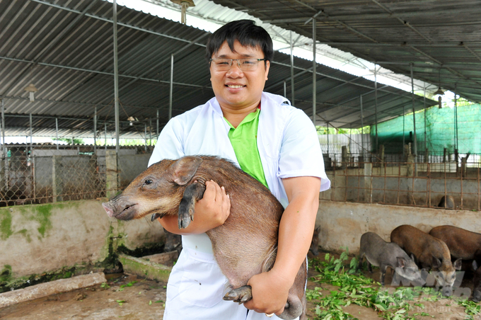 Anh Đoàn Phan Dinh bên mô hình liên kết chuỗi nuôi heo rừng lai sạch từ chuồng nuôi đến bàn ăn. Ảnh: Lê Hoàng Vũ.