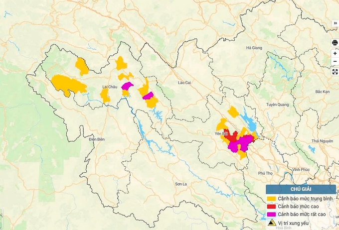 Bản đồ nguy cơ lũ quét, sạt lở đất đá tại Lai Châu và Yên Bãi. Ảnh: TT KTTV Quốc gia