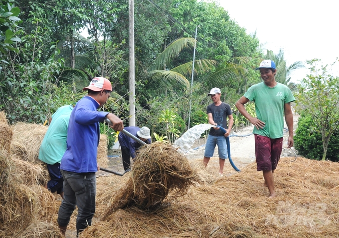 Tận dụng rơm rạ trồng nấm rơm, sản xuất phân bón hữu cơ vừa giúp tăng thu nhập cho nông dân, vừa giảm ô nhiễm môi trường, giảm phát thải khí nhà kính. Ảnh: Trung Chánh.