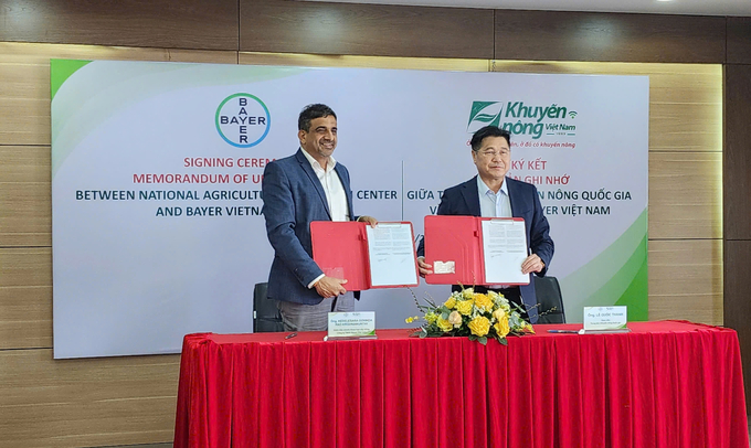 Mr. Le Quoc Thanh, Director of the National Agricultural Extension Center (on the right), and Mr. Kg Krishnamurthy, Director of the Crop Science Division at Bayer Vietnam, at the signing ceremony on October 14, 2024. Photo: HT.