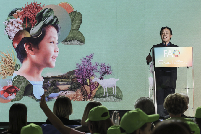 FAO Director-General QU Dongyu speaks during the Junior World Food Day and WFF School Assembly.