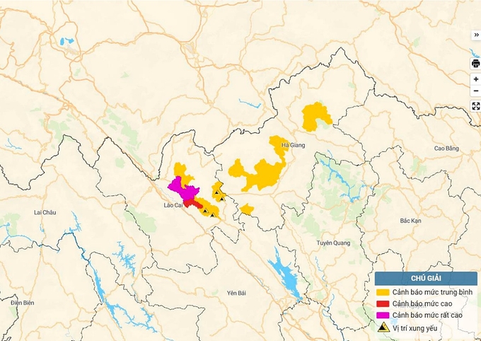 Bản đồ nguy cơ lũ quét, sạt lở đất đá tại Lào Cai và Hà Giang. Ảnh: TT KTTV Quốc gia