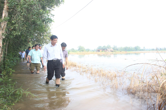 Đoàn lãnh đạo tỉnh Đồng Nai lội nước khảo sát khu vực sản xuất nông nghiệp bị ngập trên địa bàn xã Phú Hội, huyện Nhơn Trạch. Ảnh: HP.