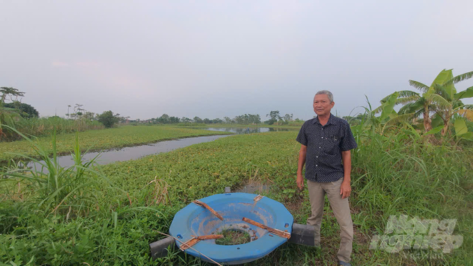 Ông Mai Xuân Láng bên ao chuồng bỏ hoang vì xã đơn phương chấm dứt hợp đồng thuê đất. Ảnh: Kiên Trung.