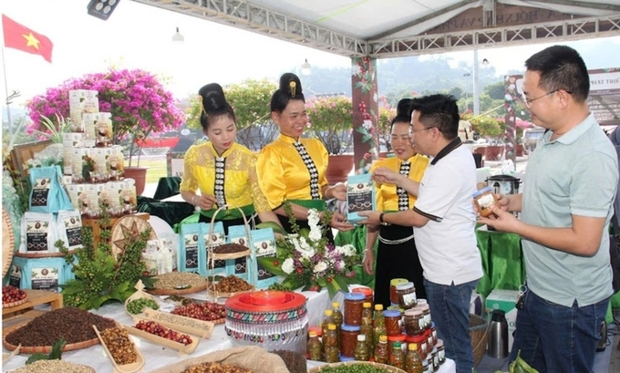 Booth displaying safe agricultural products of the City at the Son La Coffee Festival. Photo: LS.