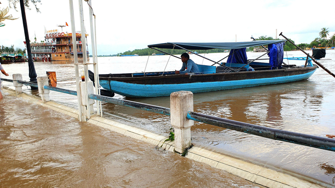 Nước từ sông Hậu dâng cao vượt qua khỏi khu vực kè bảo vệ ở bến Ninh Kiều, tràn vào nội ô TP Cần Thơ. Ảnh: MT.