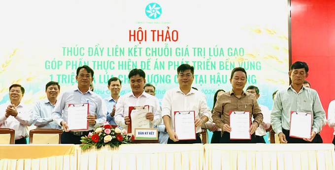 Các doanh nghiệp cam kết đồng hành cùng tỉnh Hậu Giang trong Đề án 1 triệu ha lúa. Ảnh: Lê Hoàng Vũ.