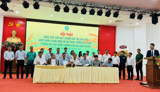 Tran Minh Tien, CEO of Net Zero Carbon (front, second from left), joins other business leaders in signing a memorandum of understanding with Xa No Mekong Rice Cooperative Alliance (Hau Giang Province). Photo: Kim Anh.